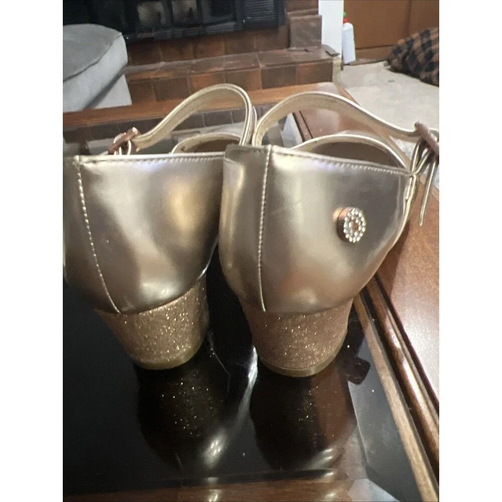 Nine West Mary Jane Heels Kids Size 13 Champagne Gold Glitter Buckle Dress Shoes